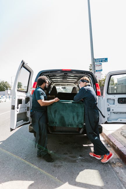 Two movers from Find Man and Van are inside a well-lit room with wooden flooring and large arched windows, engaged in packing and moving furniture during a home relocation. The mover on the left, with